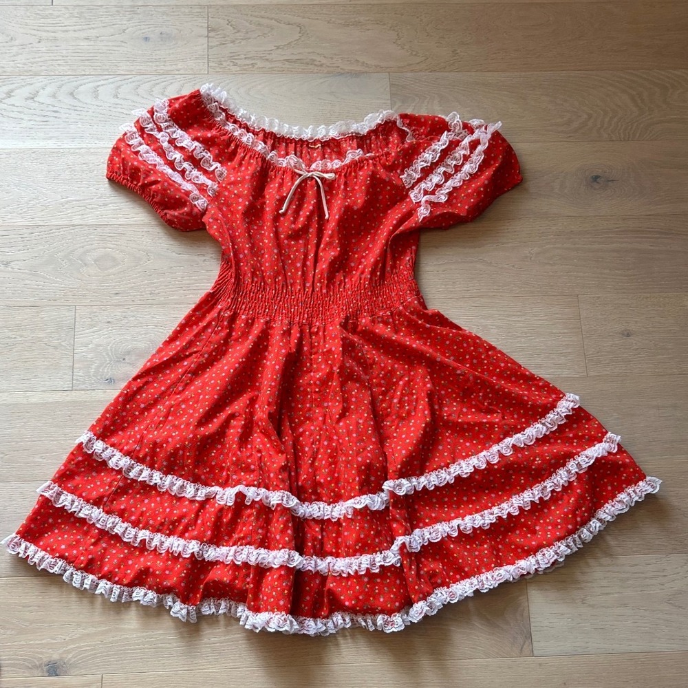 Vintage 50's-60's Red Floral Prairie Dress Lace Trim Smocked Waist Cottagecore